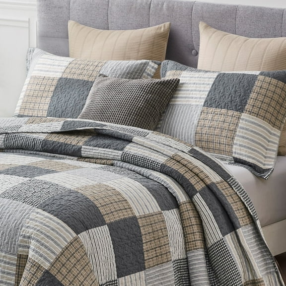 PANGUSHAN 100% Cotton Queen Quilt Set, Farmhouse Patchwork Queen Size Quilt Bedding Set Bedspreads, Reversible Quilted Lightweight Comforter, Grey/Brown/Black Bed Spread for Queen Bed, 3 Pieces