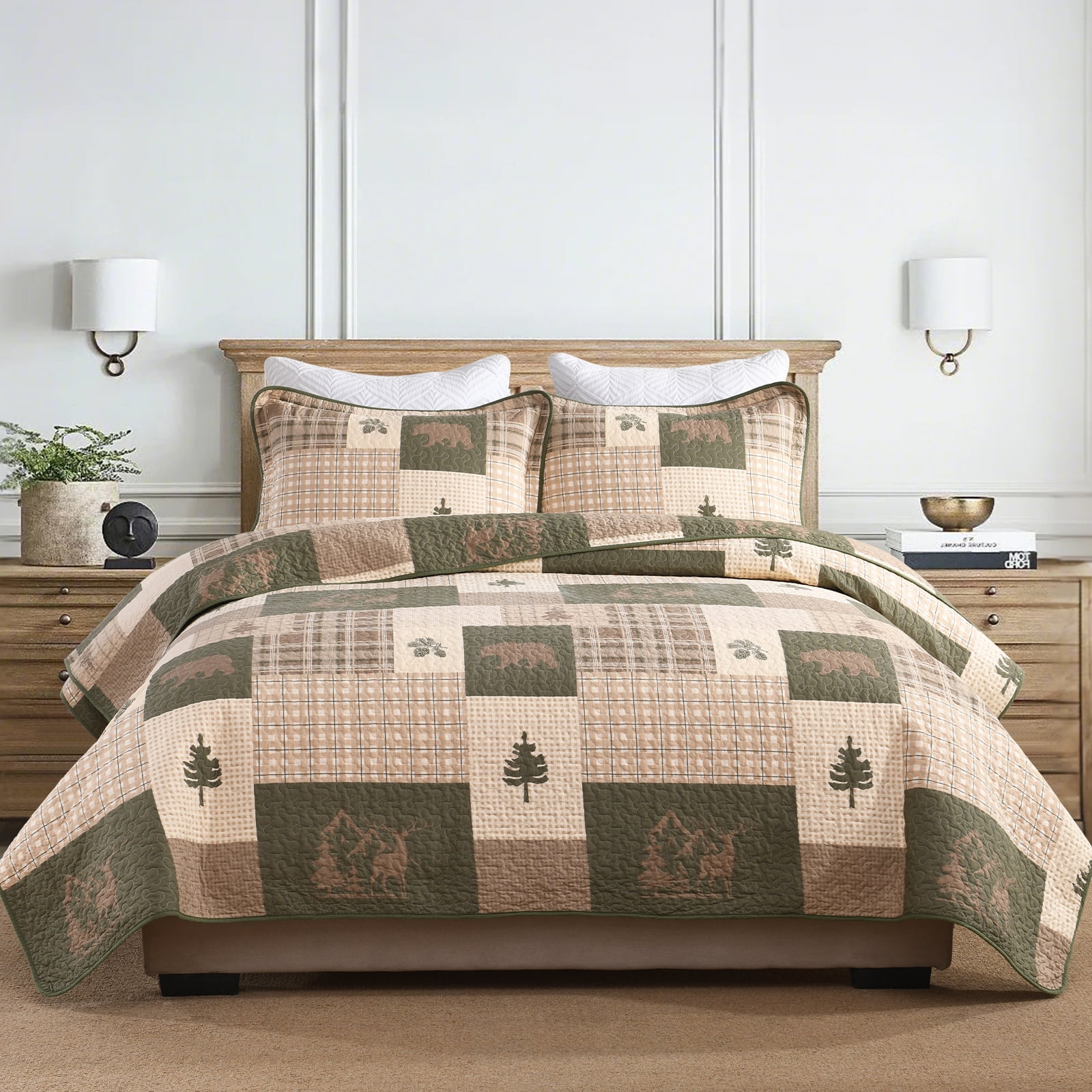 PANGUSHAN 100% Cotton Queen Quilt Set, Farmhouse Plaid Queen Size Quilt ...