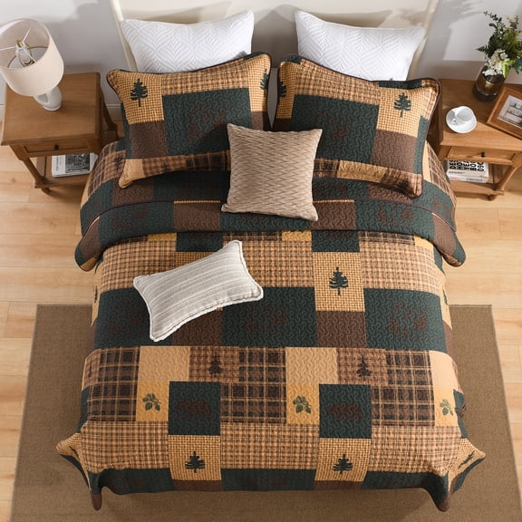 PANGUSHAN 100% Cotton Queen Quilt Set, Farmhouse Plaid Queen Size Quilt Bedding Set Bedspreads, Reversible Quilted Lightweight Comforter, Brown/Dark Green Bed Spread for Queen Bed, 3 Pieces