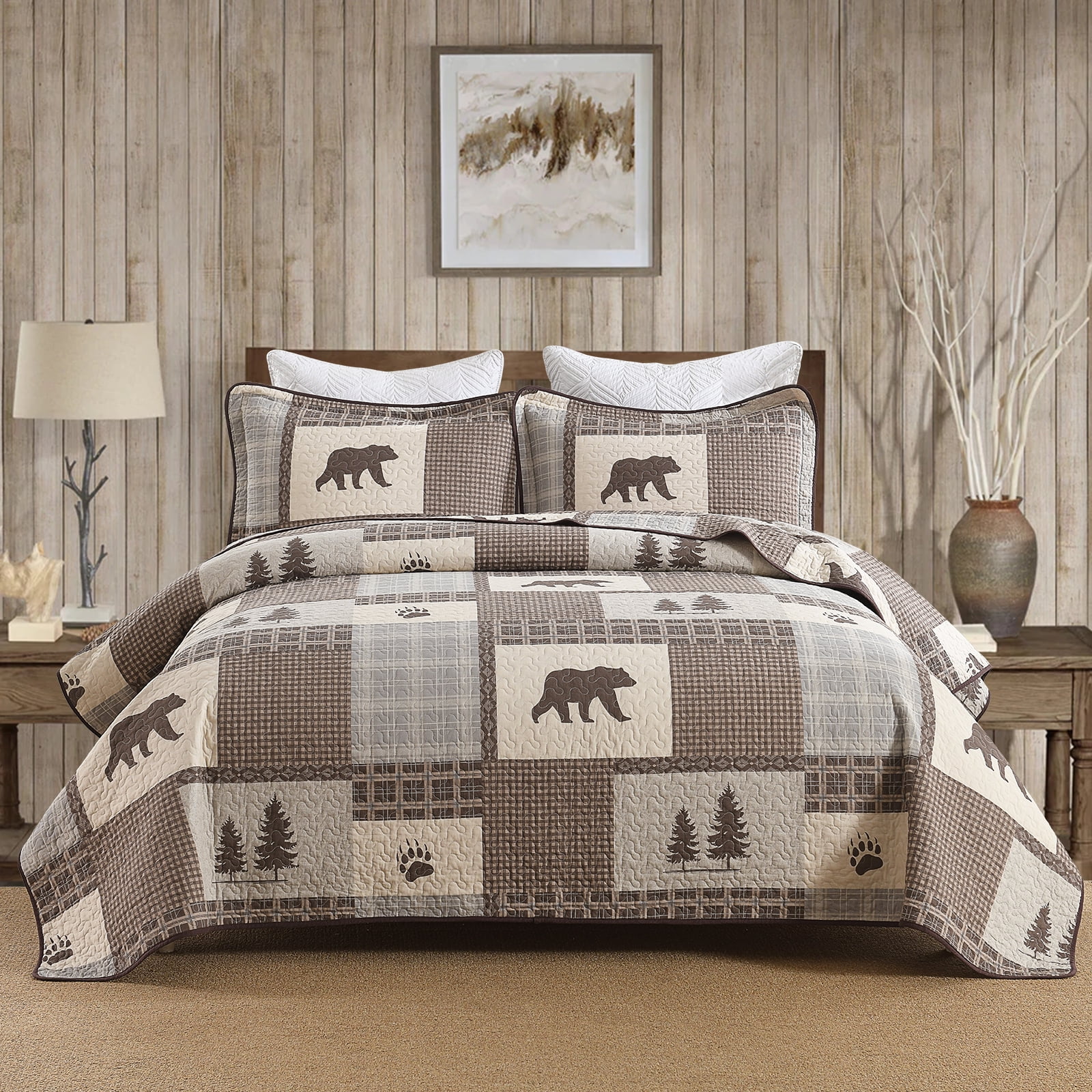 PANGUSHAN 100% Cotton Queen Quilt Set, Farmhouse Plaid Queen Size Quilt ...