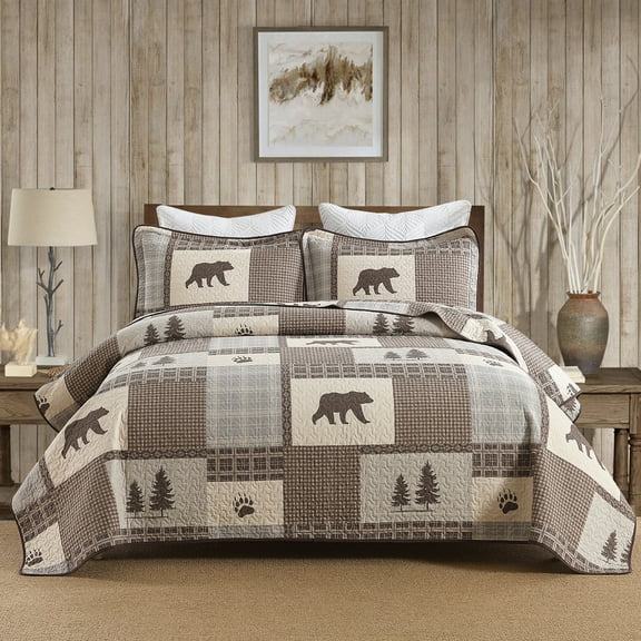 PANGUSHAN 100% Cotton Queen Quilt Set, Farmhouse Plaid Queen Size Quilt Bedding Set Bedspreads, Reversible Quilted Lightweight Comforter, Brown/Gray Bed Spread for Queen Bed, 3 Pieces