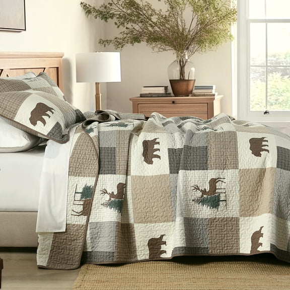 PANGUSHAN 100% Cotton Queen Quilt Set, Farmhouse Plaid Queen Size Quilt Bedding Set Bedspreads, Reversible Quilted Lightweight Comforter, Brown/Gray/Beige Bed Spread for Queen Bed, 3 Pieces