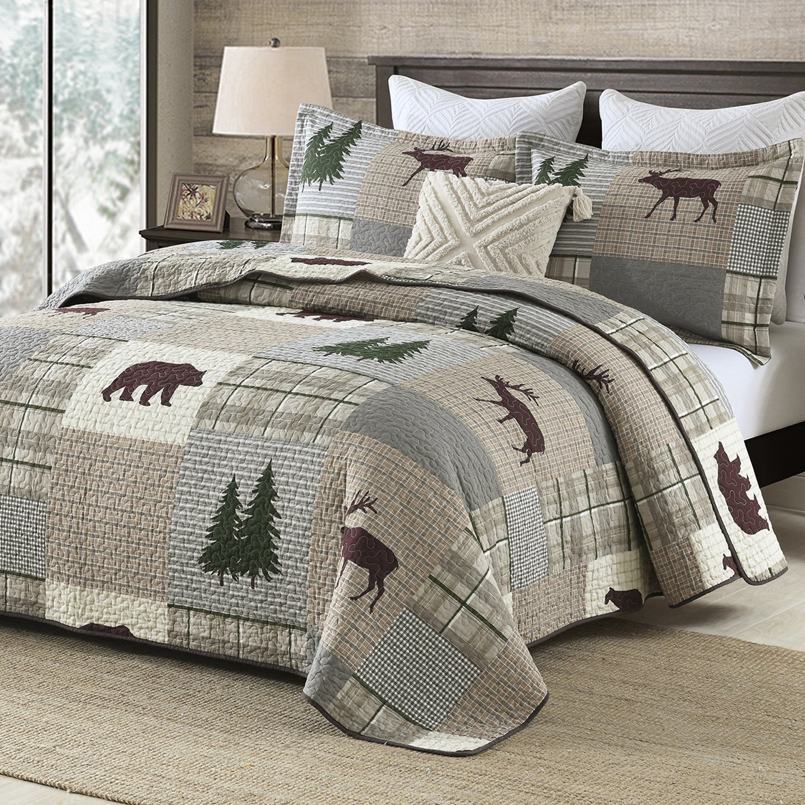 PANGUSHAN 100% Cotton Queen Quilt Set, Farmhouse Plaid Queen Size Quilt ...
