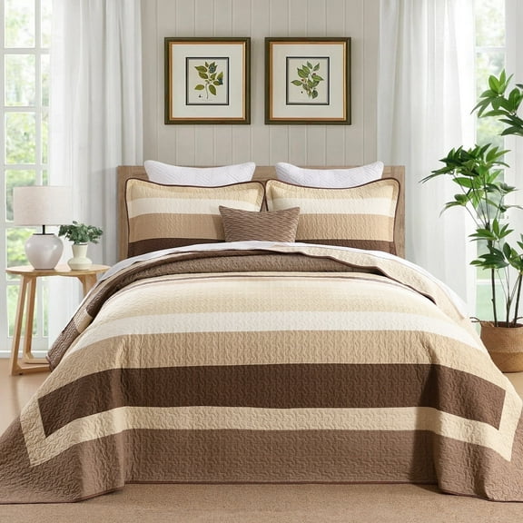 PANGUSHAN 100% Cotton Queen Quilt Set, Farmhouse Striped Queen Size Quilt Bedding Set Bedspreads, Reversible Quilted Lightweight Comforter, Brown/Beige Bed Spread for Queen Bed, 3pcs