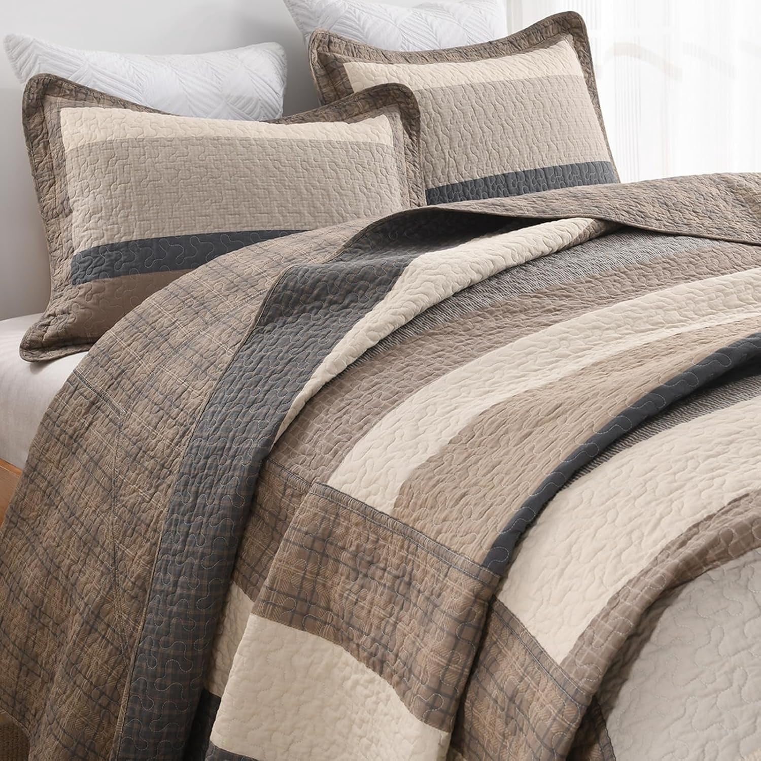 PANGUSHAN 100% Cotton Queen Quilt Set, Farmhouse Striped Queen Size ...