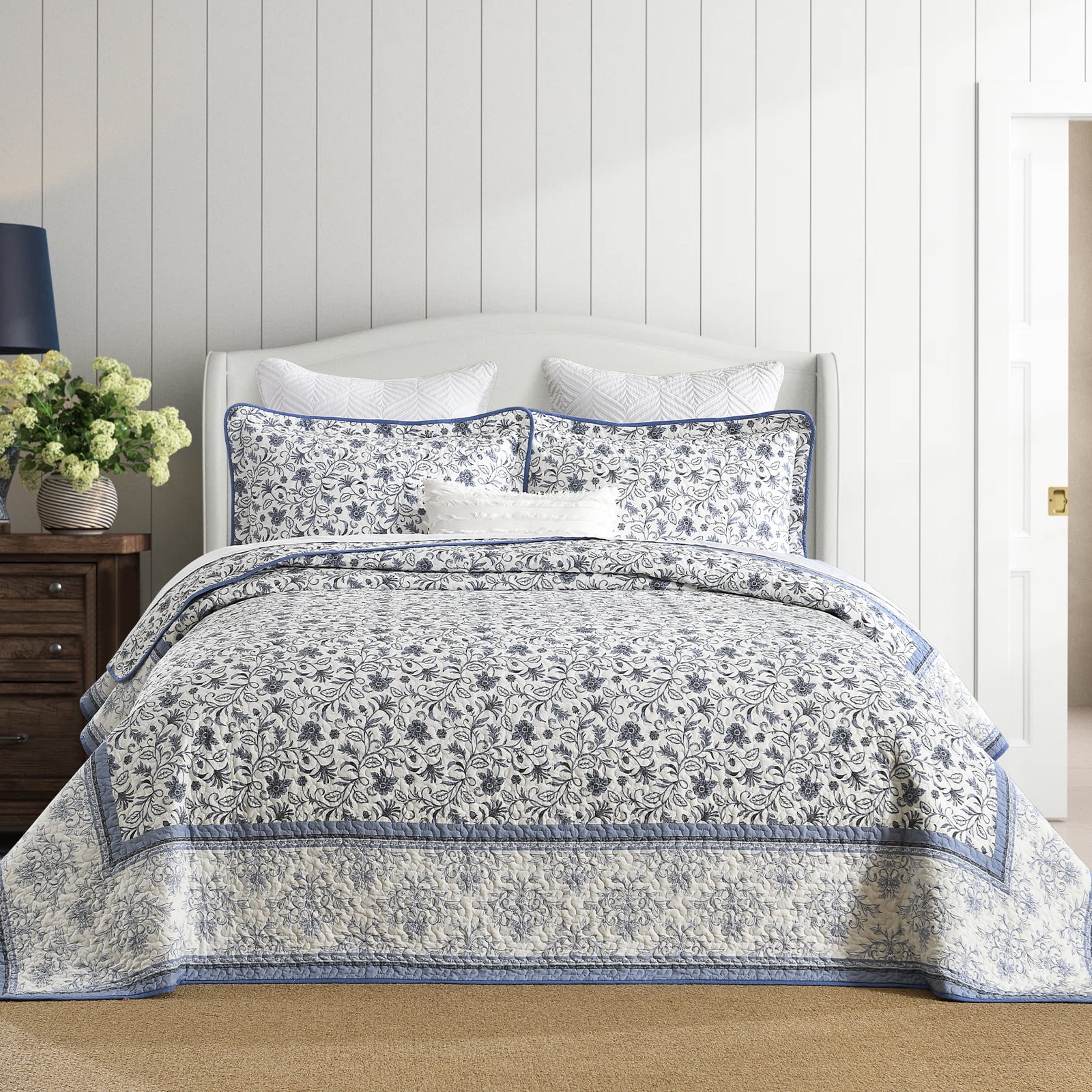 PANGUSHAN 100% Cotton Queen Quilt Set, Floral Queen Size Quilt Bedding Set Bedspreads, Reversible Botanical Patterns Quilted Lightweight Comforter, Blue/White/Gray Bed Spread for Queen Bed