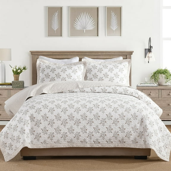 PANGUSHAN 100% Cotton Queen Quilt Set, Floral Striped Queen Size Quilt Bedding Set Bedspreads, Reversible Quilted Lightweight Comforter, White/Light Camel/Gray Bed Spread for Queen Bed, 3pcs
