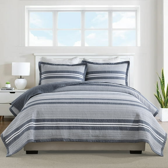 PANGUSHAN 100% Cotton Queen Quilt Set, Striped Pattern Queen Size Quilt Bedding Set Bedspreads, Reversible Quilted Lightweight Comforter, Slate Gray/White Bed Spread for Queen Bed