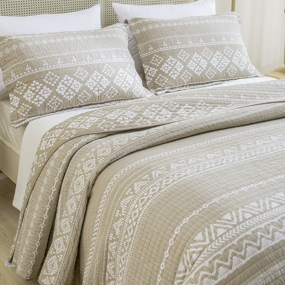 PANGUSHAN 100% Cotton Quilt King Size, King Quilt Bedding Set Quilted Bedspreads, Lightweight Reversible Striped Comforter for King Bed, All Season, Khaki/White, 3 Pieces