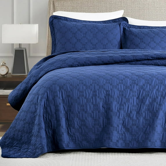 PANGUSHAN 100% Cotton Quilt King Size, Navy Blue King Quilt Bedding Set Embroidery Quilted Bedspreads, Lightweight Comforter for King Bed, All Season, 3 Pieces