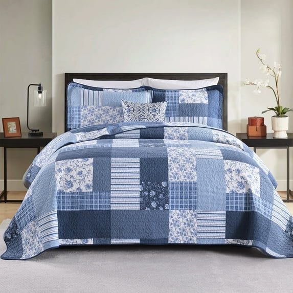 PANGUSHAN 100% Cotton Quilt Queen Size, Queen Quilt Bedding Set Quilted Bedspreads, Lightweight Reversible Plaid Comforter for Queen Bed, All Season, Blue, 3 Pieces