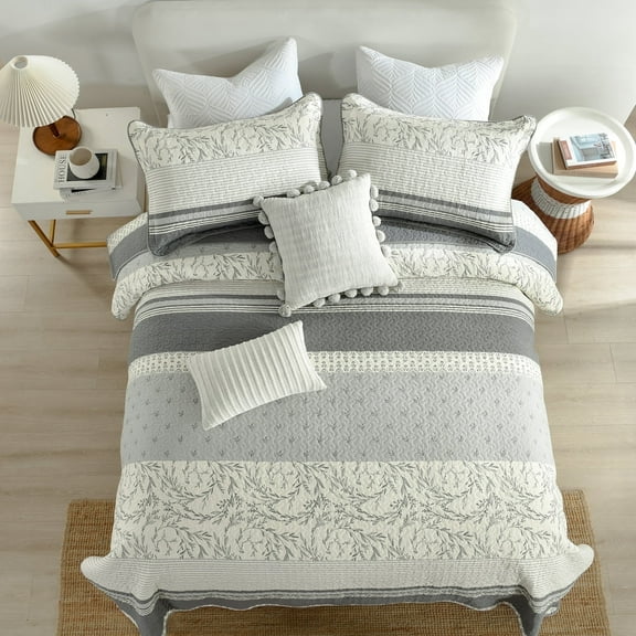 PANGUSHAN 100% Cotton Quilt Set King Size, 3pcs Botanical Elegant Bedspread Quilt Bedding Set for King Bed, Reversible Lightweight Comforter Bed Spread, Gray