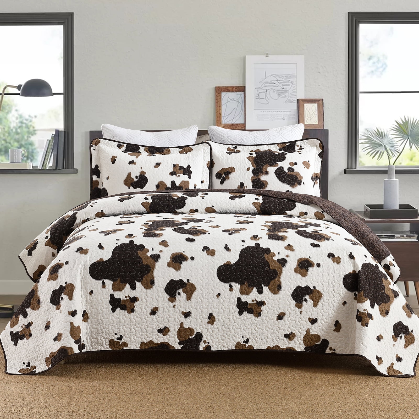 PANGUSHAN 100% Cotton Quilt Set King Size, 3pcs Farmhouse Cow Print Bedspread Quilt Bedding Set for King Bed, Reversible Western Bedding Set Lightweight Comforter Bed Spread,Brown