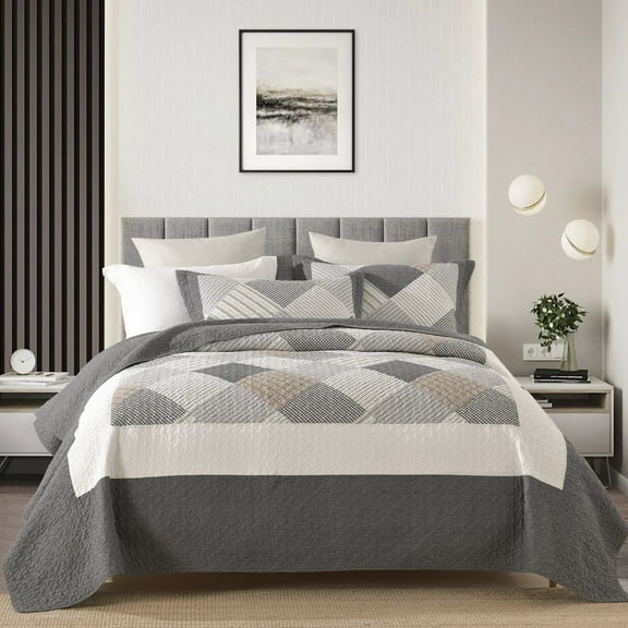 PANGUSHAN 100% Cotton Quilt Set King Size, 3pcs Plaid Bedspread Quilt Bedding Set for King Bed, Reversible Lightweight Comforter Bed Spread for All Seasons, Dark-Gray/White/Brown
