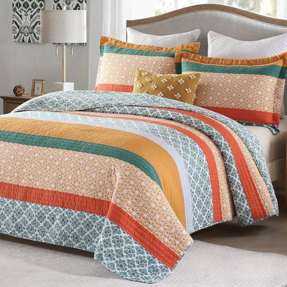 PANGUSHAN 100% Cotton Quilt Set Queen Size, 3pcs Boho Elegant Bedspread Quilt Bedding Set for Queen Bed, Bohemian Reversible Lightweight Comforter Bed Spread, Green/Orange/Red