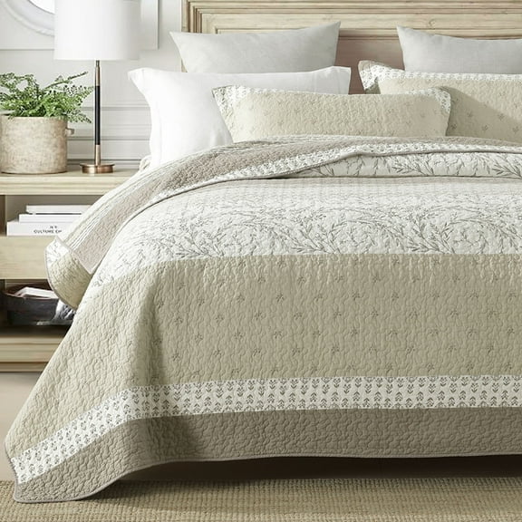 PANGUSHAN 100% Cotton Quilt Set Queen Size, 3pcs Botanical Elegant Bedspread Quilt Bedding Set for Queen Bed, Reversible Lightweight Comforter Bed Spread, Beige/Khaki/Cream