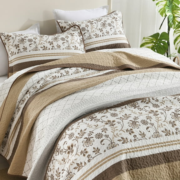PANGUSHAN 100% Cotton Quilt Set Queen Size, 3pcs Botanical Elegant Bedspread Quilt Bedding Set for Queen Bed, Reversible Lightweight Comforter Bed Spread, Brown/Gray