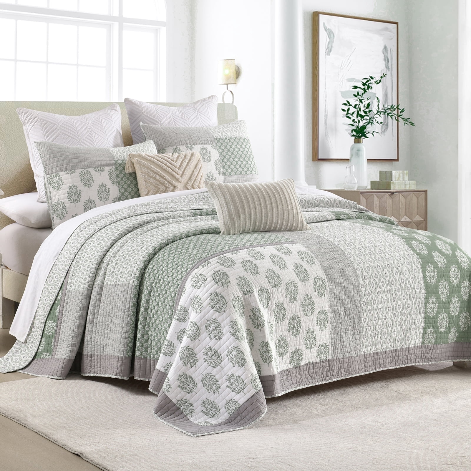 PANGUSHAN 100% Cotton Quilt Set Queen Size, 3pcs Patchwork Floral ...