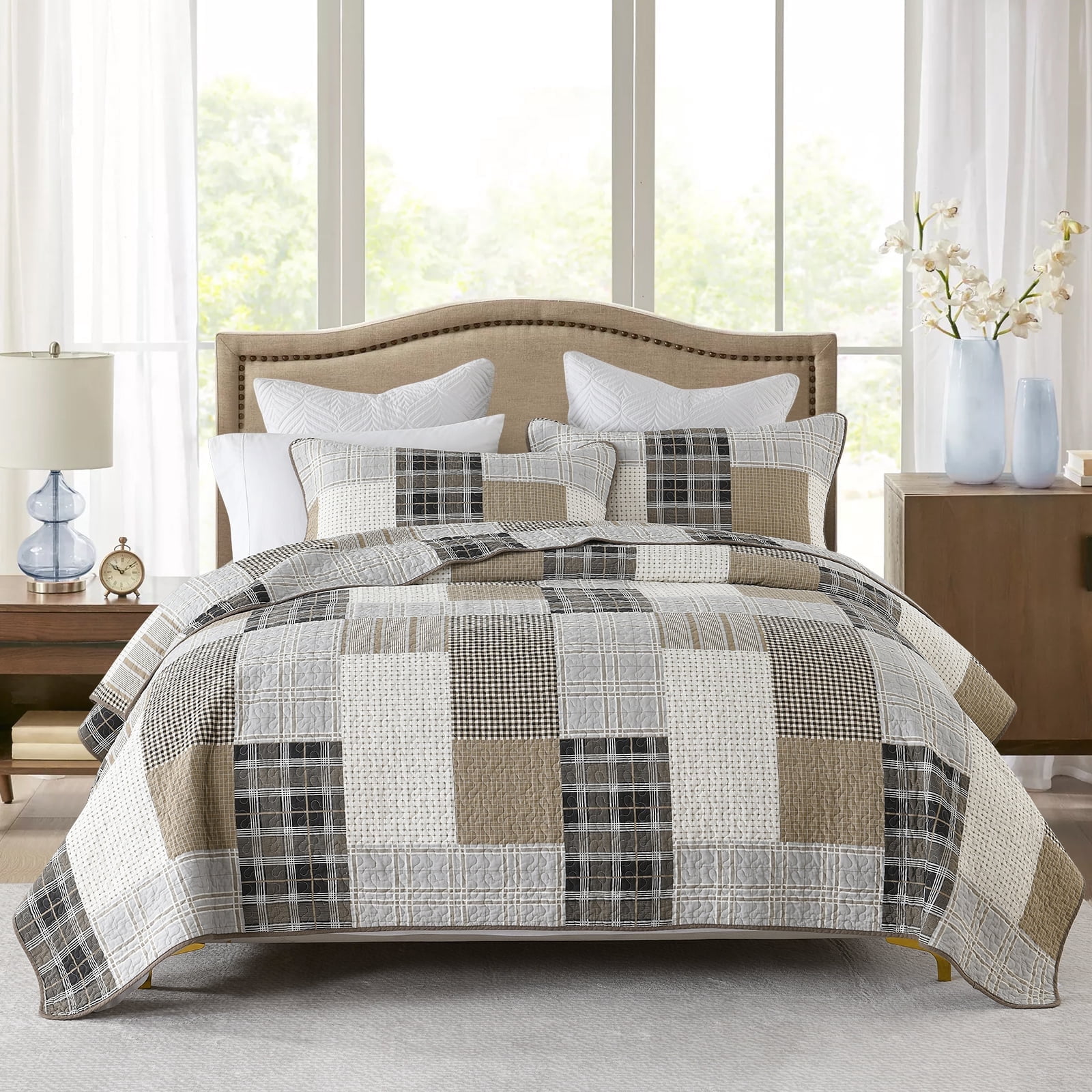 PANGUSHAN Farmhouse Patchwork 3 -Piece Cream/Beige/Gray Bedding Sets, Queen