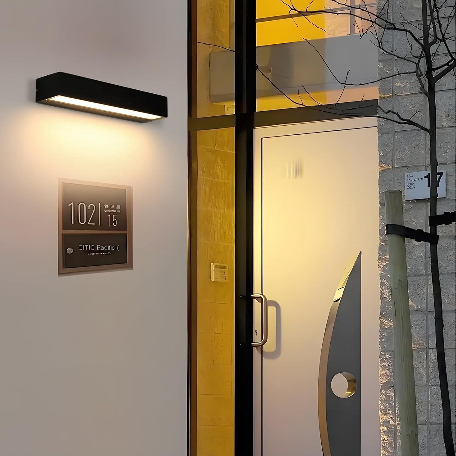 PANLAVIE Outdoor Wall Lights, 16W Modern Black Outdoor Wall Lamp IP65 Waterproof, 3000K Warm White Outside Wall Lights for Patio, Entrance, Garden, Garage, Hallway, Corridor