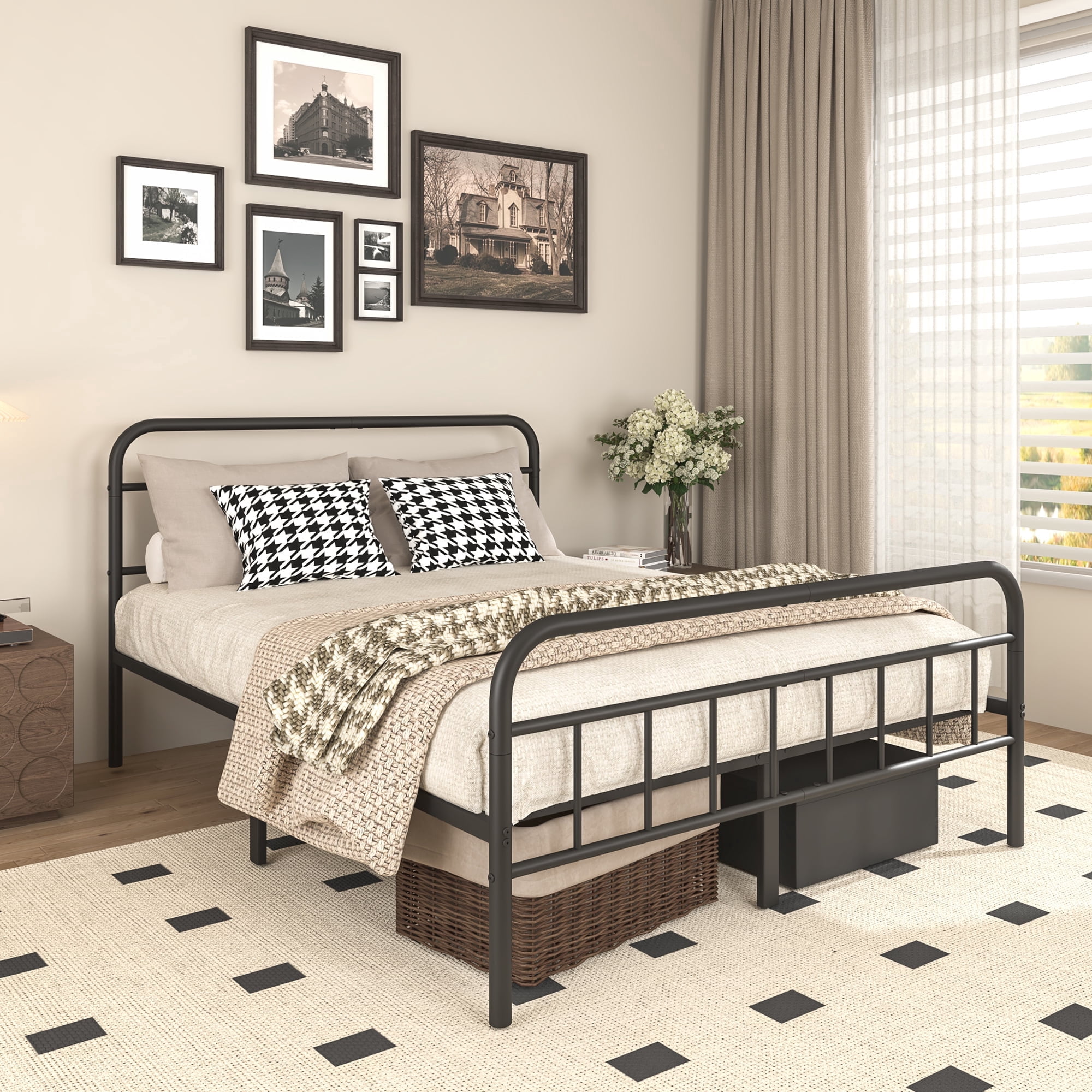 PANSE Queen Size Platform Bed Frame with Metal Headboard, Easy Assembly, No Box Spring Needed, Black