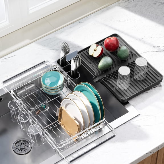 PANTASIA Expandable Dish Drying Rack with Removable Drain Tray, Sink Organizer with Cup & Utensil Holder, Space-Saving Countertop Rack, Small Dish Drainers for 16"-22" Kitchen Sink, Black