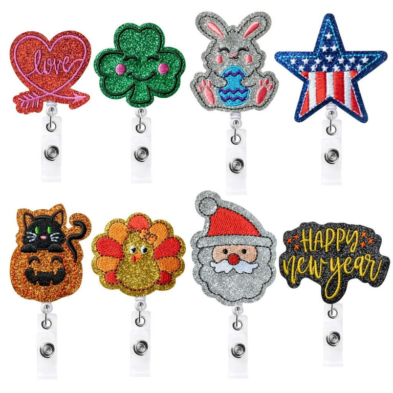 PANTIDE 8 Packs Holiday Badge Reels Love Heart Clover Bunny Embroidered  Retractable Felt Name ID Card Decorative Badge Holders with Alligator Clip  for New Year Valentine's Day St. Patrick's Day Easter 