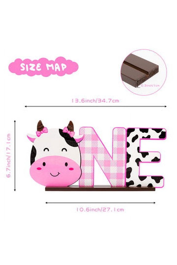 Cow One Letter Sign Wooden Table Centerpiece, Pink