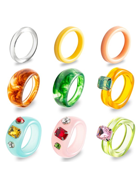 Retro Resin Rhinestone Ring, Multicolor Acrylic Jewelry for Women,9 Count