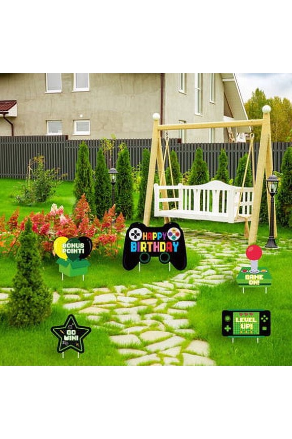 Video Game Theme Happy Birthday Yard Sign for Outdoor Decoration, 5 Packs