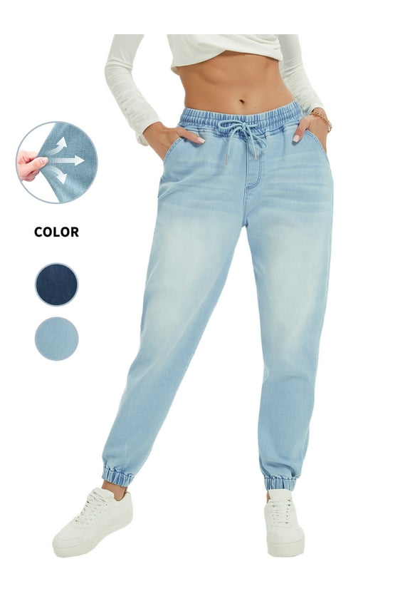 Casual Women's Drawstring Waist Jeans in Elegant Dark Wash Featuring High Stretch Fabric and Practical Pockets for Everyday Comfort