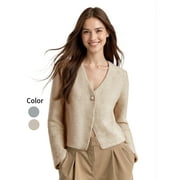 PAOLA RIBONI Chic Light Yellow V-Neck Cardigan with Elegant Pearl Buttons and Flared Sleeves Crafted from Luxuriously Soft Material for Comfortable Wear