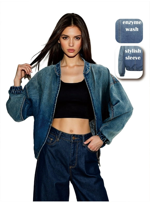 Chic Women's Denim Aviator Jacket in Dark Wash, Relaxed Fit Zipper Closure Coat Ideal for Everyday Style and Seasonal Transition