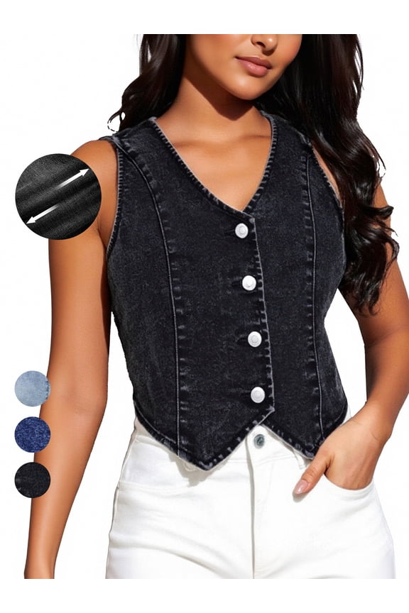 Denim Vest Sleeveless V neck, Western Jean Top for Women, Jacket Single Breasted Crop, Trendy Waistcoat Slim