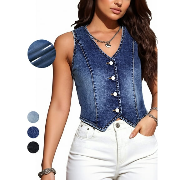PAOLA RIBONI Denim Vest Sleeveless V neck, Western Jean Top for Women, Jacket Single Breasted Crop, Trendy Waistcoat Slim