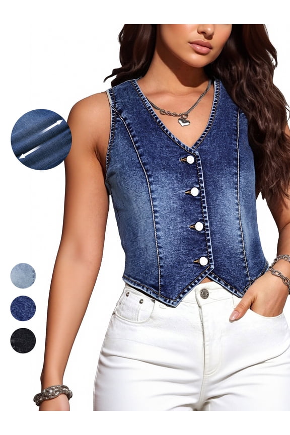 Denim Vest Sleeveless V neck, Western Jean Top for Women, Jacket Single Breasted Crop, Trendy Waistcoat Slim