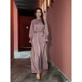 thumbnail image 1 of PAOLA RIBONI Modest Simple Brown Satin Dress With Stylish Sash Full Sleeves Round Neck Elegant Design Ideal For Women Who Appreciate Timeless Fashion, 1 of 10