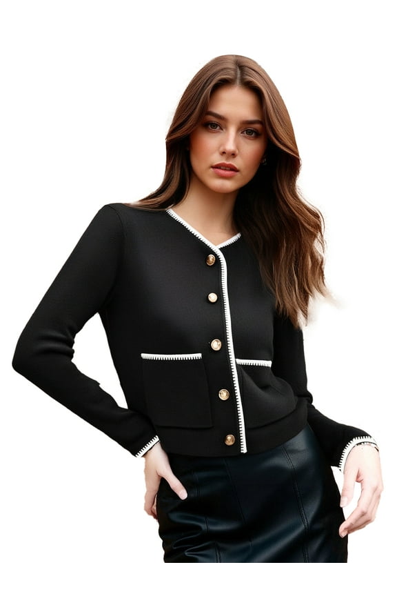 Stylish Women's Contrast Trim Cardigan in Elegant White with Golden Buttons A Perfect Blend of Comfort and Modern Sophistication for Every Occasion