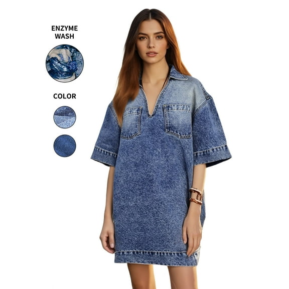 PAOLA RIBONI Women Denim Dress Summer Loose V Neck Short Sleeve Collared Mini Vintage Casual Jean Dresses with Pockets