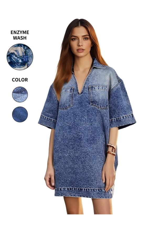 Women Denim Dress Summer Loose V Neck Short Sleeve Collared Mini Vintage Casual Jean Dresses with Pockets