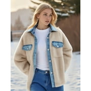 PAOLA RIBONI Women's Colorblock Patchwork Fleece Jacket In Denim And Teddy Fleece With Long Sleeves And Pockets Ideal For Fall And Winter Wear