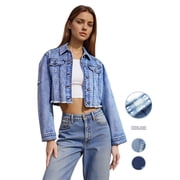 PAOLA RIBONI Womens Crop Denim Jacket Casual Long Sleeve Ripped Frayed Hem Jean Stretchy Jackets High Elasticity
