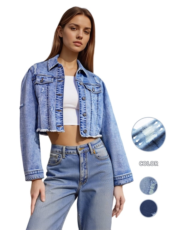Women's Crop Denim Jacket Casual Long Sleeve Ripped Frayed Hem Jean Stretchy Jackets High Elasticity