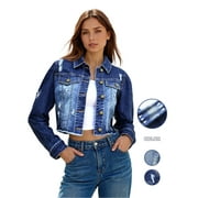 PAOLA RIBONI Women's Crop Denim Jacket Casual Long Sleeve Ripped Frayed Hem Jean Stretchy Jackets High Elasticity