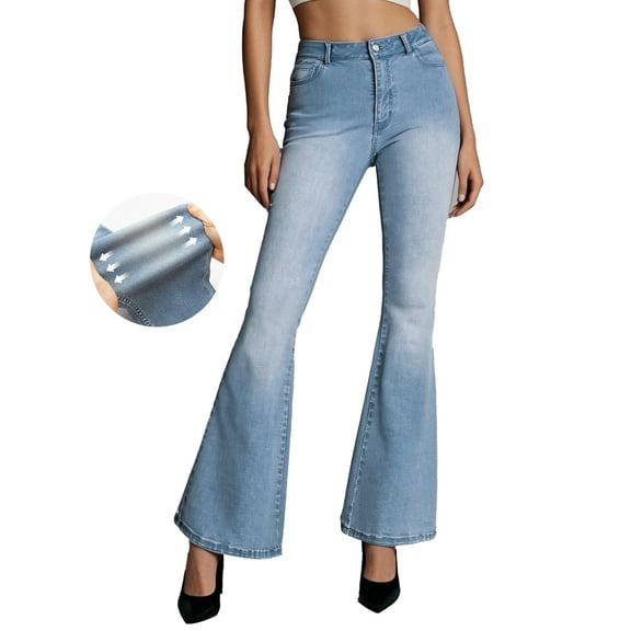 PAOLA RIBONI Women's Flare Bell Bottom Jeans Stretch Wide Leg Jeans Wide Leg Jeans Baggy Stretch Trendy Denim with Pockets