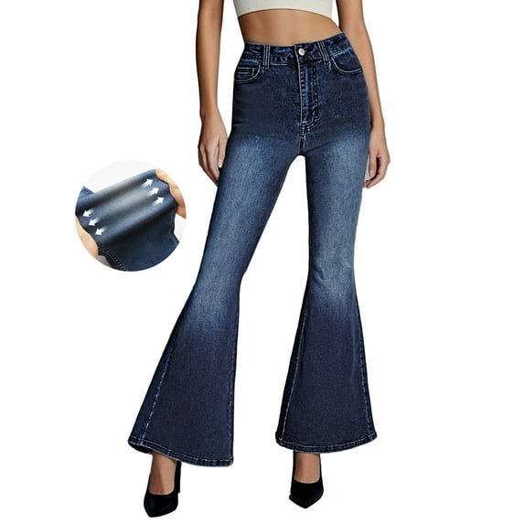 PAOLA RIBONI Women's Flare Bell Bottom Jeans Stretch Wide Leg Jeans Wide Leg Jeans Baggy Stretch Trendy Denim with Pockets