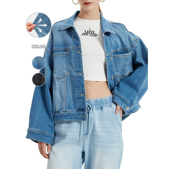 PAOLA RIBONI Women's Loose Fit Button Front Pocket Denim Jacket in Classic Blue, Perfect for Daily Wear, Casual Styling for All Seasons and Activities