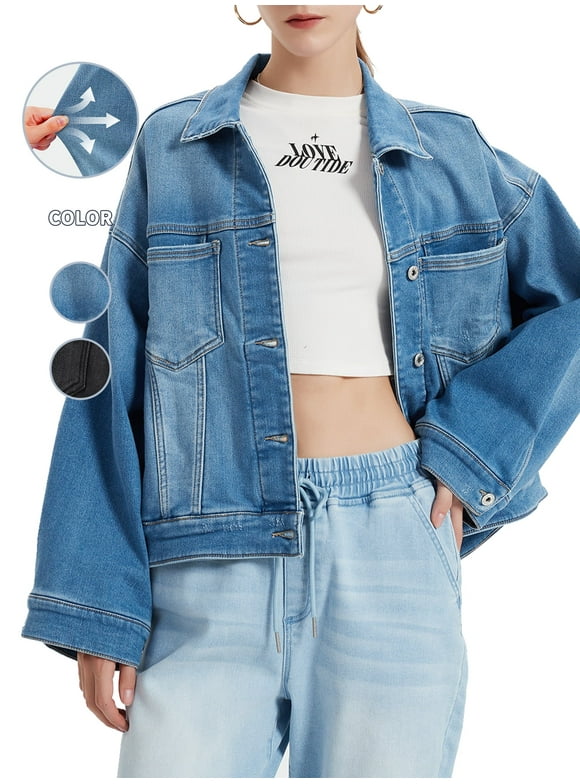 Women's Loose Fit Button Front Pocket Denim Jacket in Classic Blue, Perfect for Daily Wear, Casual Styling for All Seasons and Activities