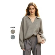 PAOLA RIBONI Women's V-Neck Drop Shoulder Polo Pullover in Cozy Gray Knit Fabric for a Stylish Relaxed Fit Excellent for Everyday Casual Wear