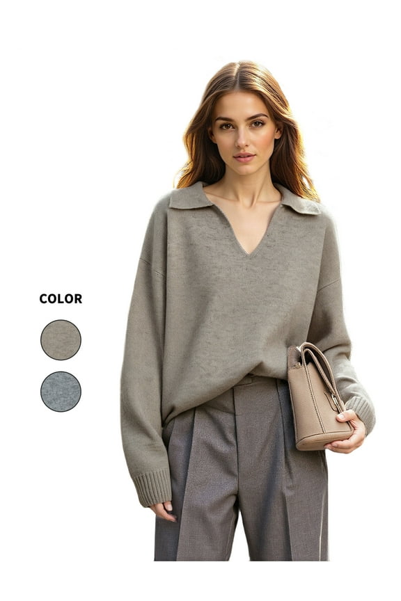 Women's V-Neck Drop Shoulder Polo Pullover in Cozy Gray Knit Fabric for a Stylish Relaxed Fit Excellent for Everyday Casual Wear
